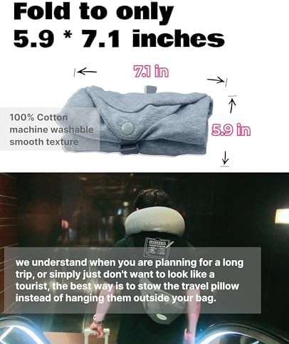 RakuPuff Travel Pillow with Hood Light Blocking Cotton Super Lightweight Gray