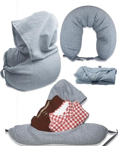 RakuPuff Travel Pillow with Hood Light Blocking Cotton Super Lightweight Gray