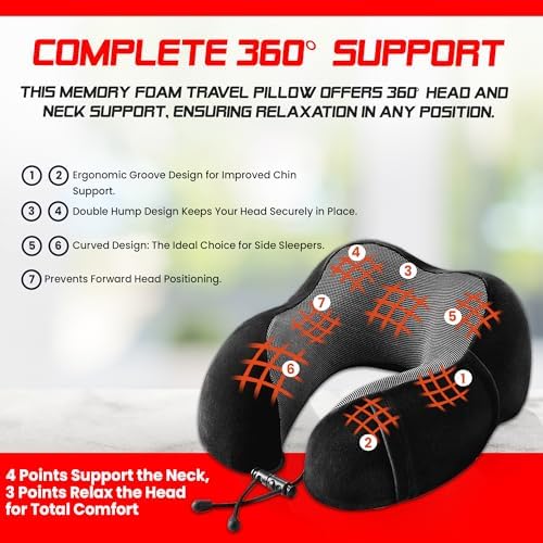 100 Pure Memory Foam Travel Pillow with Phone Pocket and Carry Bag