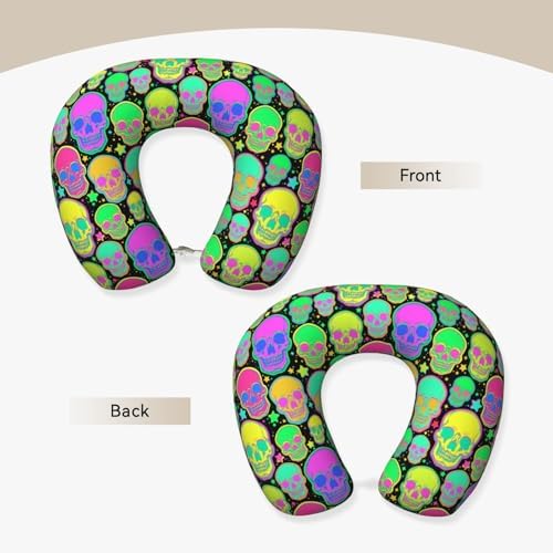 DZUAIKIT Bright Psychedelic Skulls Travel Pillow