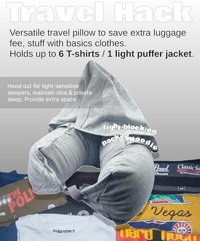 RakuPuff Travel Pillow with Hood Light Blocking Cotton Super Lightweight Gray