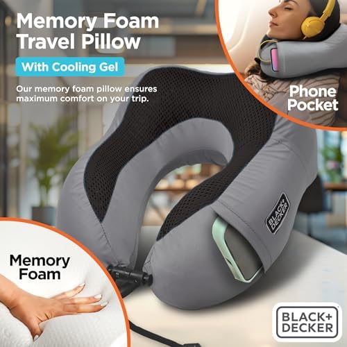 BLACKDECKER Cooling Gel Memory Foam Travel Pillow Ergonomic Neck Support